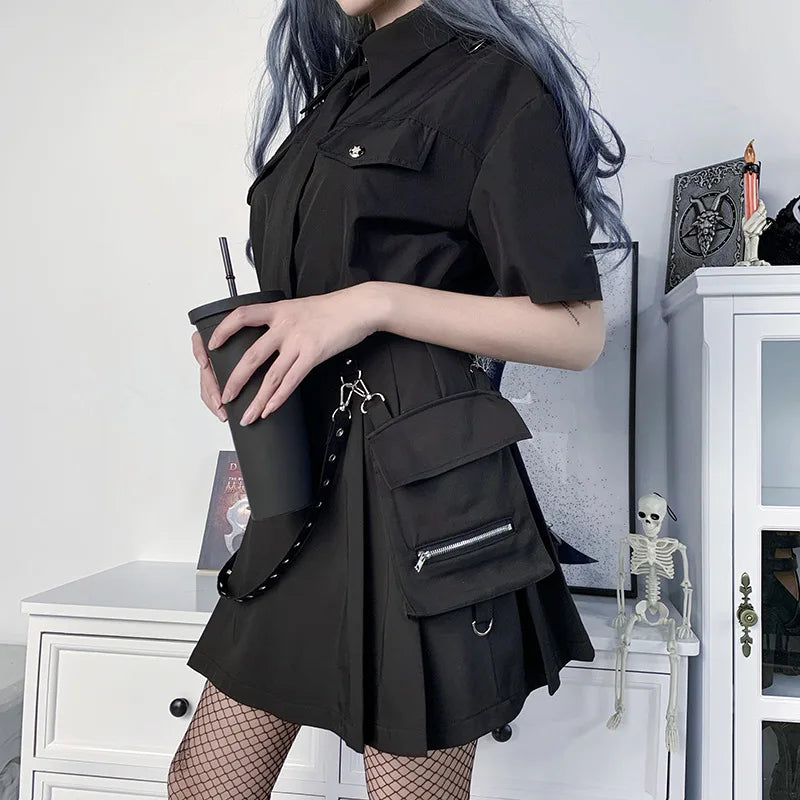 Harajuku Gothic Pocket Skirt Women 2023 Summer New A Line Sexy High Waist Preppy Streetwear Slim Split Female Goth Clothing