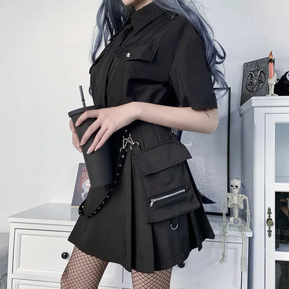 Harajuku Gothic Pocket Skirt Women 2023 Summer New A Line Sexy High Waist Preppy Streetwear Slim Split Female Goth Clothing