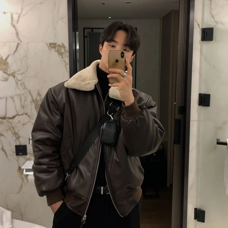 Winter Jacket Men Warm Fashion Casual Thickened Leather Jacket Men Streetwear Korean Loose Short Coat Mens Thick Leather Coat