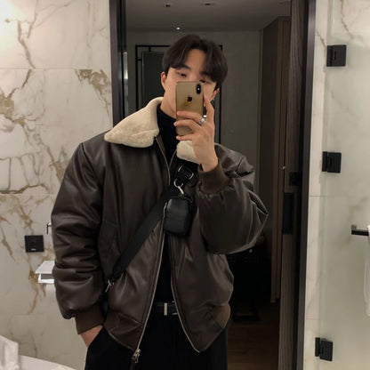 Winter Jacket Men Warm Fashion Casual Thickened Leather Jacket Men Streetwear Korean Loose Short Coat Mens Thick Leather Coat