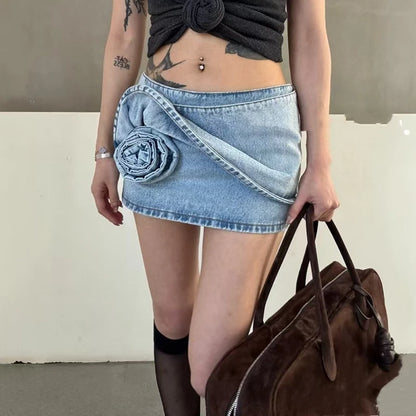 Women's Cowboy Rose Mini Skirt, Fashion Sexy Slim Ultra Short Skirt, Three-dimensional Flower Decoration Half-body Skirt, 2025,