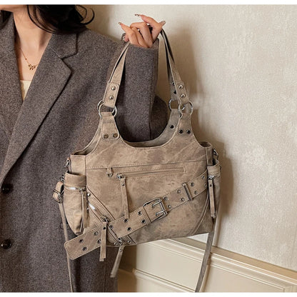 Fashionable Large Capacity Rivet Street Style Women's Tote Bag Shoulder Crossbody Bag Durable Polyester  Commuter Bag