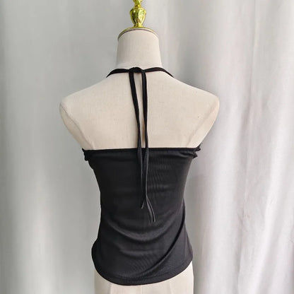 Kimotimo Vintage Letter Diamonds Print Fake Two Lace Halter Vest Women Punk Y2k Slim Sleeveless Crop Top Harajuku Gothic Tanks