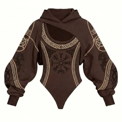 Viking Print Women's Hooded Jumpsuit Two-Piece Set Casual Loose Long Sleeve for Daily Home Lounge & Streetwear