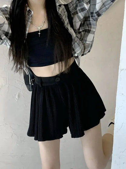 Solid Shorts Women Summer Folds All-match High Waist Stylish Popular Aesthetic Fashion Korean Style Шорты Женские Летние Chic