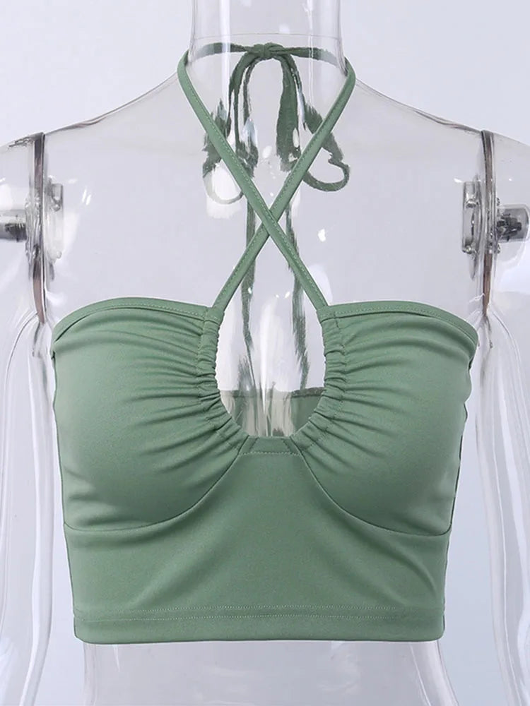 Women's Ruched V-Neck Halter Crop Top
