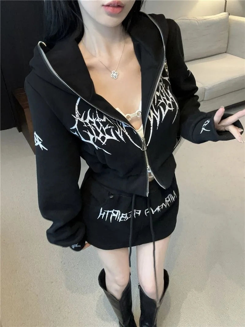Dark Style Short Letter Sweatshirt And  Skirt Set for Women Trendy Streetwear Autumn Collection Long Sleeve Casual Sports...