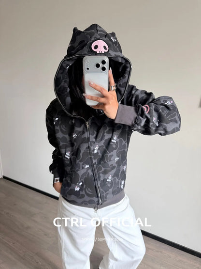 In  Stock  Anime Hello Kittys Hooded Jacket Girl Commuting Coat Jacket Kuromi Anime 3d Ears Hooded Cute Leopard Print Clothes