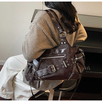 Fashionable Large Capacity Rivet Street Style Women's Tote Bag Shoulder Crossbody Bag Durable Polyester  Commuter Bag
