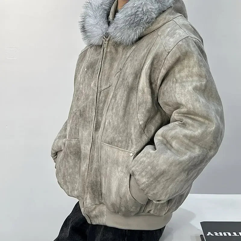 Winter men's cotton jacket with fur collar eagle embroidery and tie-dye design outdoor style jacket thickens and comfortable