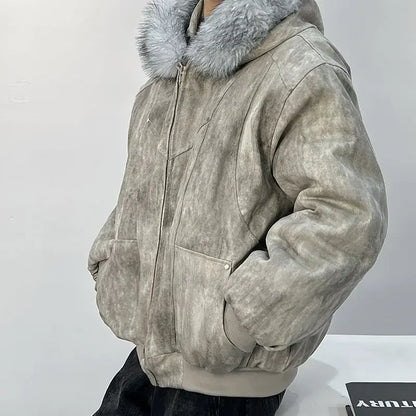 Winter men's cotton jacket with fur collar eagle embroidery and tie-dye design outdoor style jacket thickens and comfortable