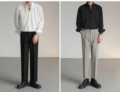 Black White Shirt Men Fashion Social Mens Dress Shirt Korean Loose Long Sleeved Shirt Mens Office Formal Shirts Ice Silk M-2XL