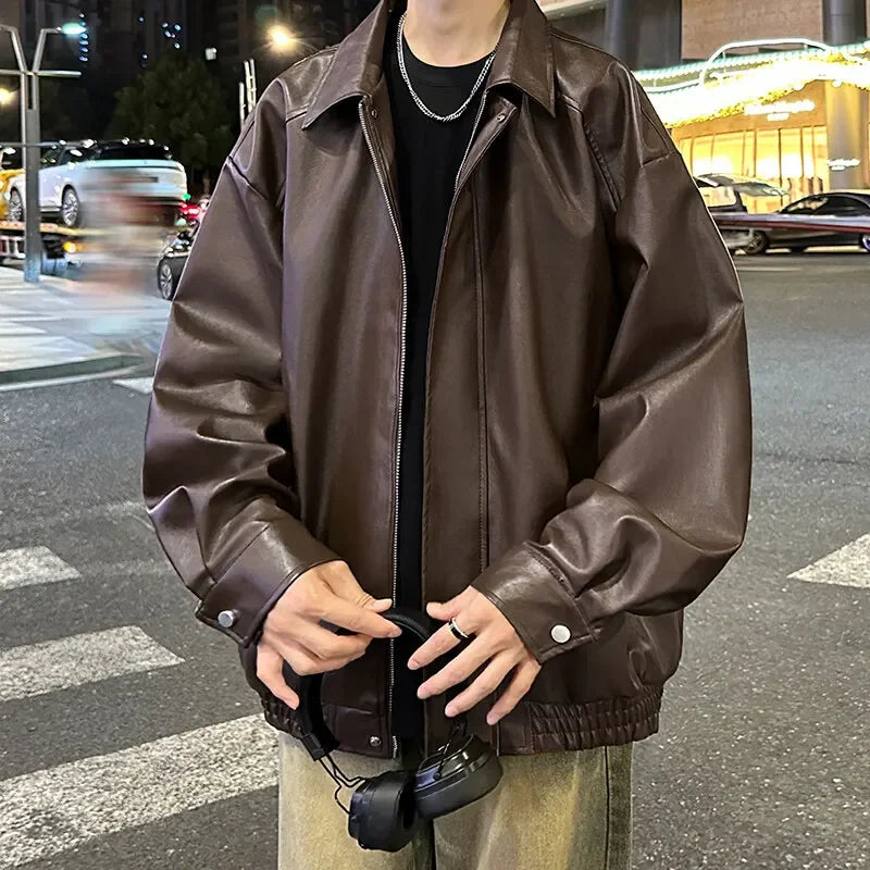 Youth Fashion Men Leather Jacket Casual Zipper Black Motorcycle Waterproof Windproof Pu Bomber Coat