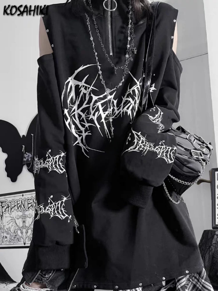 Vintage Black Printing Punk T-Shirt Women Harajuku Off Shoulder Grunge - APEX RITUAL women's t-shirts