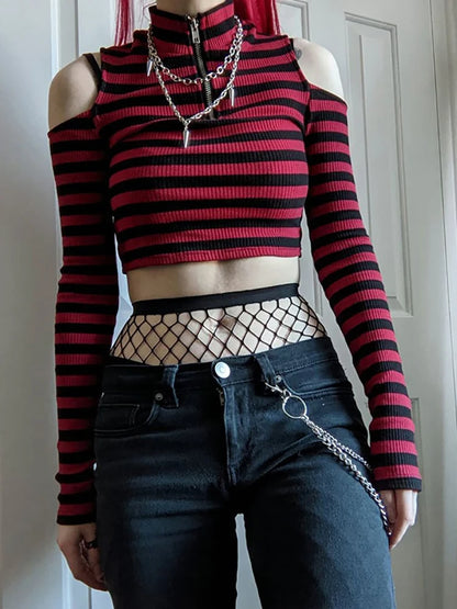 Grunge Striped Mall Gothic Basic T-shirts Punk E-girl Aesthetic Bodycon Casual Crop Tops Long Sleeve Open Shoulder Tee Gothic