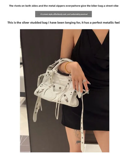 Neo Motorcycle Bag Handheld Rivet Head Layered Oil Wax Cowhide Crossbody Women's Bag Cool And Spicy Girl Retro Style Tote Bag