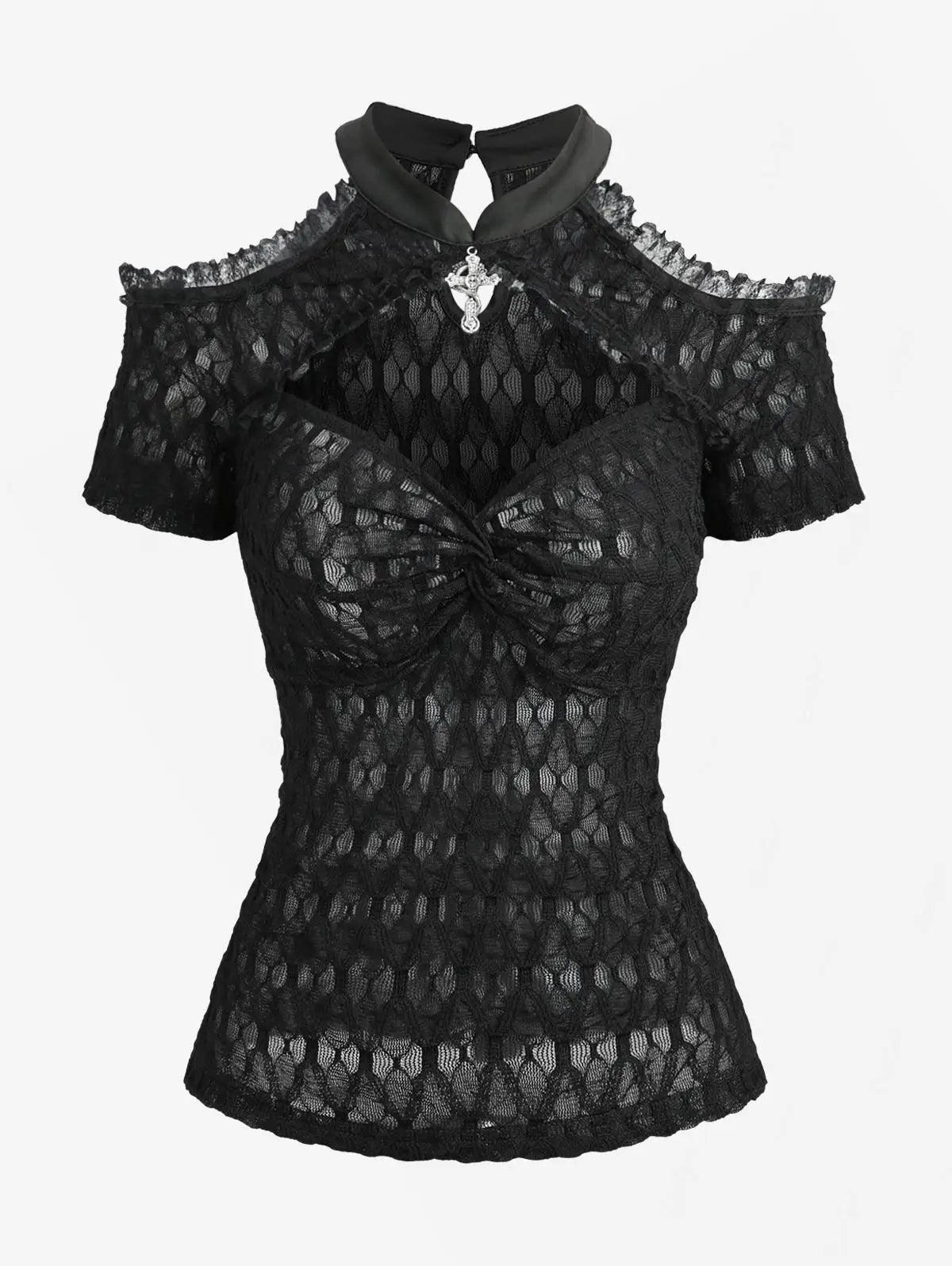 New Gothic Cold Shoulder Tops Women's Crochet Mesh Semi See Through Shirt with Cut Out Panels, Twist Front Cropped T-Shirt