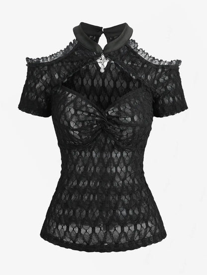 New Gothic Cold Shoulder Tops Women's Crochet Mesh Semi See Through Shirt with Cut Out Panels, Twist Front Cropped T-Shirt