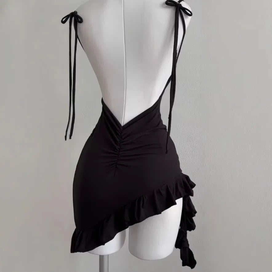 Women's Black Lace-Up Backless Mini Dress