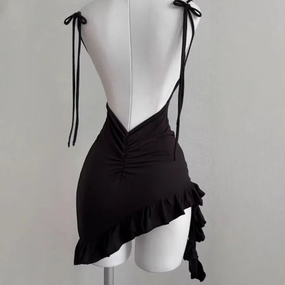 Women's Black Lace-Up Backless Mini Dress