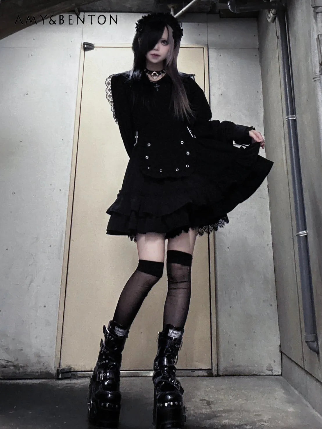 Women's Gothic Navy-Collar Maid Dress Set