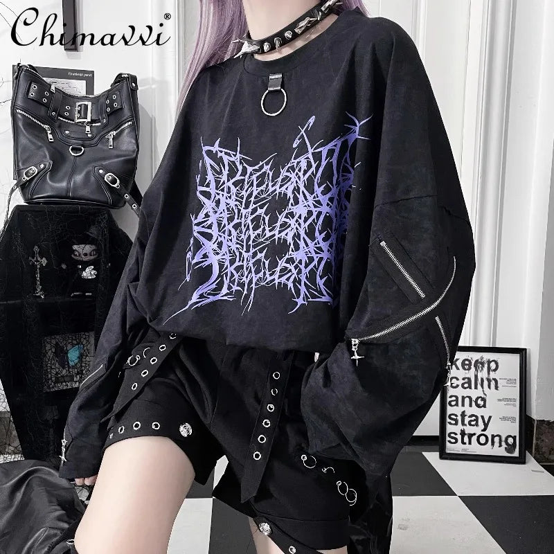 Original Print Subculture Dark Loose Long Sleeve Pure Cotton T-Shirt Japanese Punk Gothic Long Sleeve Round Neck Cool Girl Top