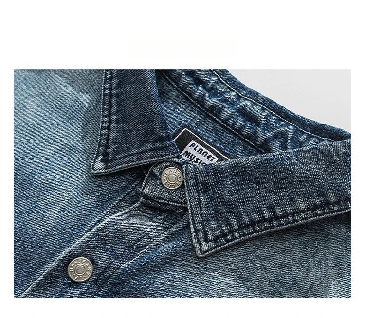 American Streetwear Wash Denim Shirts For Men Harajuku Casual Men'S Clothing Vintage Blue Lapel Cargo Coat Korean Long Sleeve