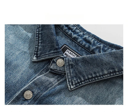 American Streetwear Wash Denim Shirts For Men Harajuku Casual Men'S Clothing Vintage Blue Lapel Cargo Coat Korean Long Sleeve