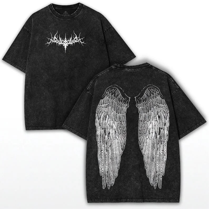 Y2K Gothic Angel Wings T-shirt: wash grunge street wear personality casual - APEX RITUAL men's t-shirts