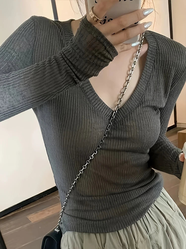 Women's Sheer V-Neck Long-Sleeve Top