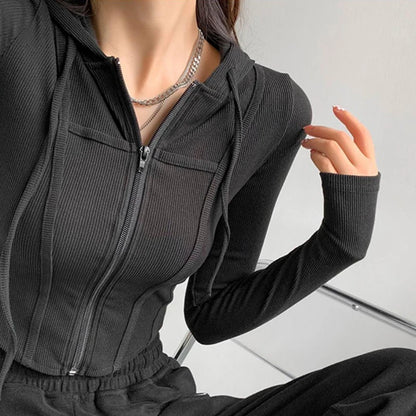 Apex Ritual – Thin Hooded Cardigan Women – Korean Vintage Slim Summer Striped Zipper Crop Top