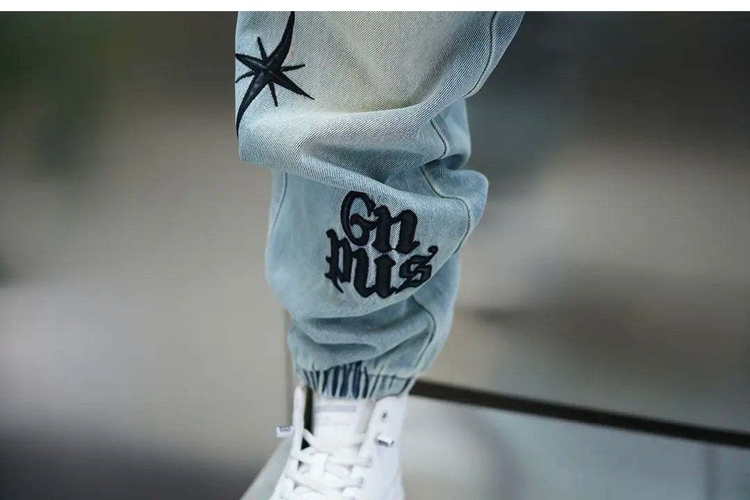 American high-street letter embroidered washed denim jeans fashion loose-fitting jogger harem pants slim-fit casual pants