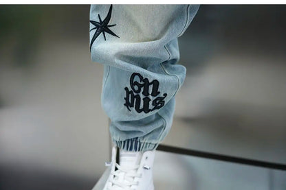 American high-street letter embroidered washed denim jeans fashion loose-fitting jogger harem pants slim-fit casual pants