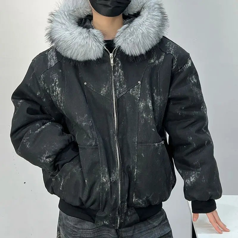 Winter men's cotton jacket with fur collar eagle embroidery and tie-dye design outdoor style jacket thickens and comfortable