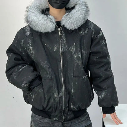 Winter men's cotton jacket with fur collar eagle embroidery and tie-dye design outdoor style jacket thickens and comfortable