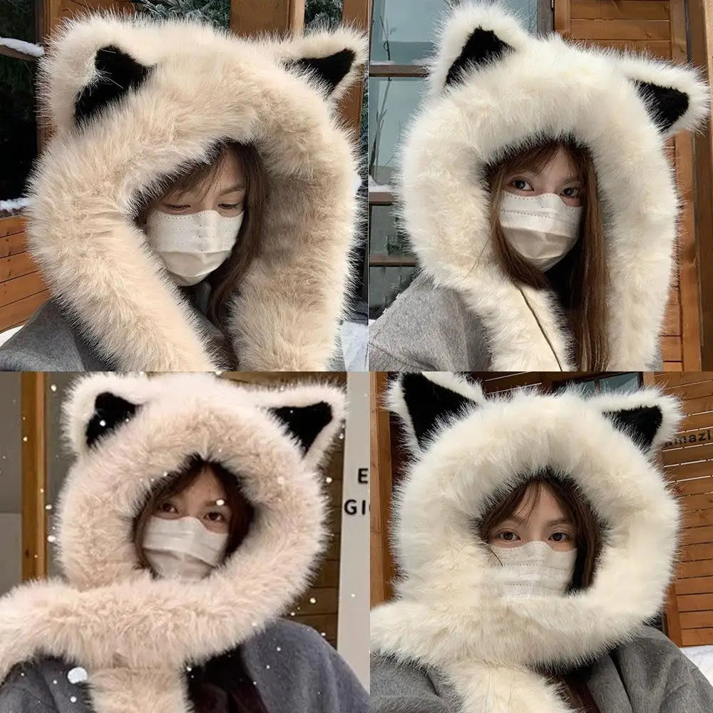2025 New Women's Plush Fox Ear Bucket Hat Windproof Integrated Cap Scarf Trendy Cute Plush Neck Warm Hat Scarf Balaclava Hat