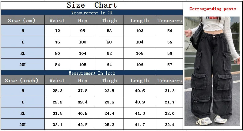 Trashy Y2K 2000S Streetwear Washed Black Baggy Jeans Cargo Pants For Women Clothes Multi Pockets Wide Leg Gothic Lady Trousers