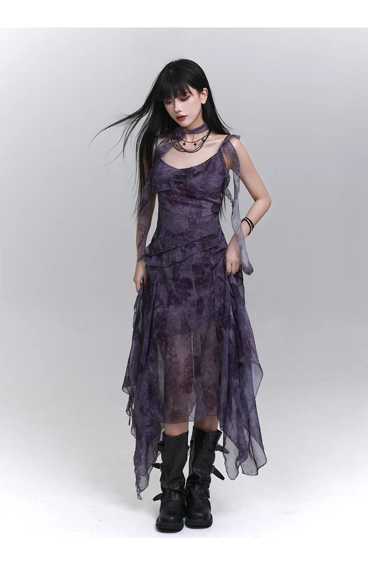 Women's Purple Tie-Dye V-Neck Midi Dress