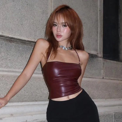 Women's Wine Red Backless Strap Tank Top