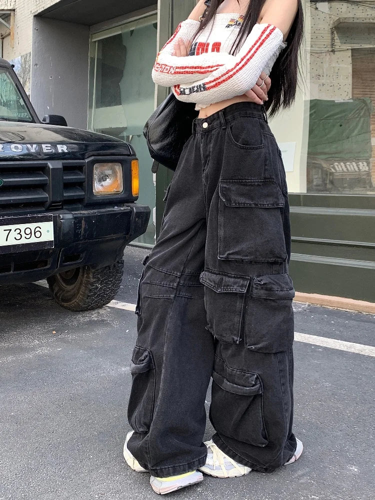 Trashy Y2K 2000S Streetwear Washed Black Baggy Jeans Cargo Pants For Women Clothes Multi Pockets Wide Leg Gothic Lady Trousers