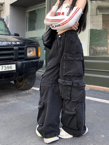 Trashy Y2K 2000S Streetwear Washed Black Baggy Jeans Cargo Pants For Women Clothes Multi Pockets Wide Leg Gothic Lady Trousers