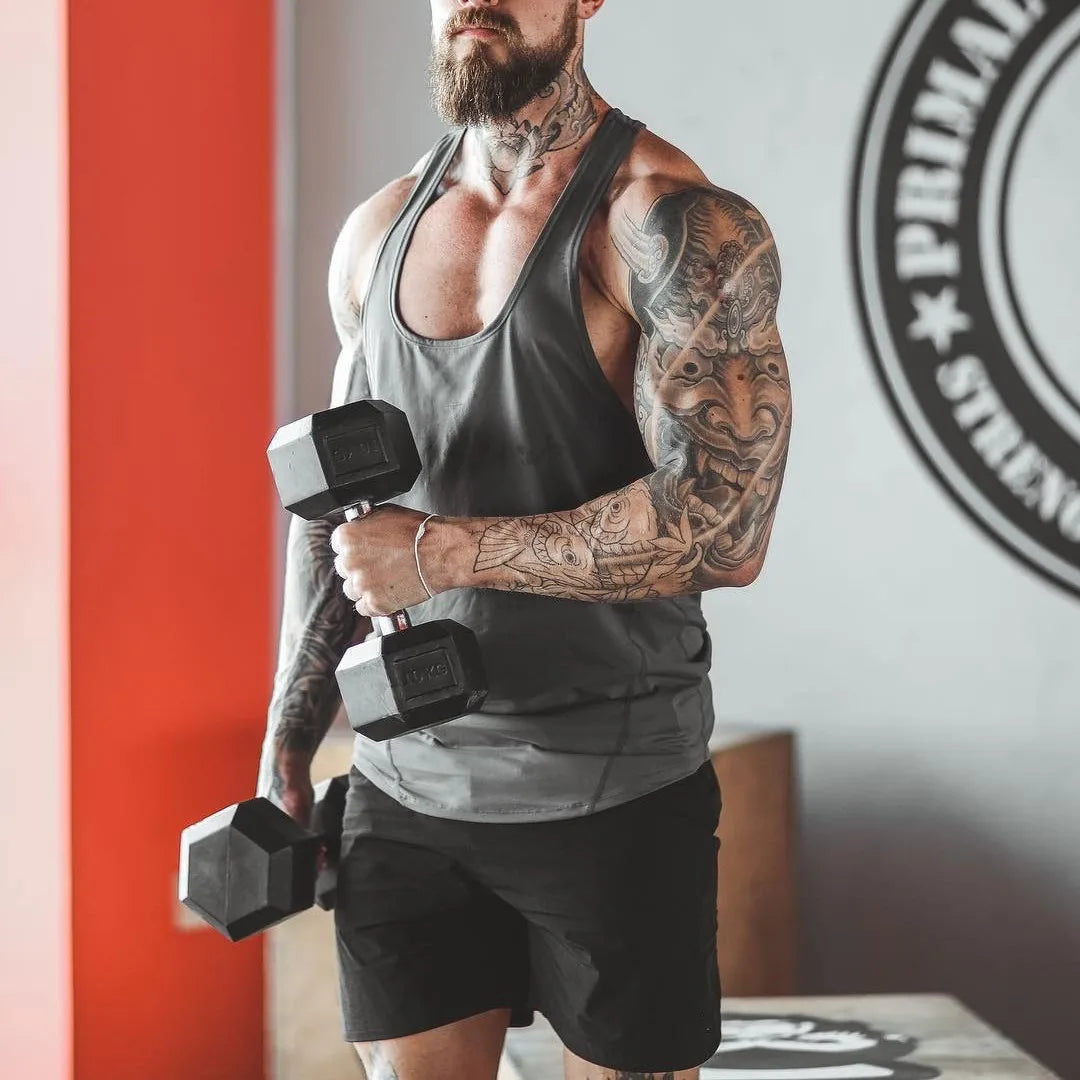 Men’s Gym Stringer Tank Top – Muscle Fit Sleeveless Workout Shirt, Deep Scoop Neck Racerback for Bodybuilding & Training
