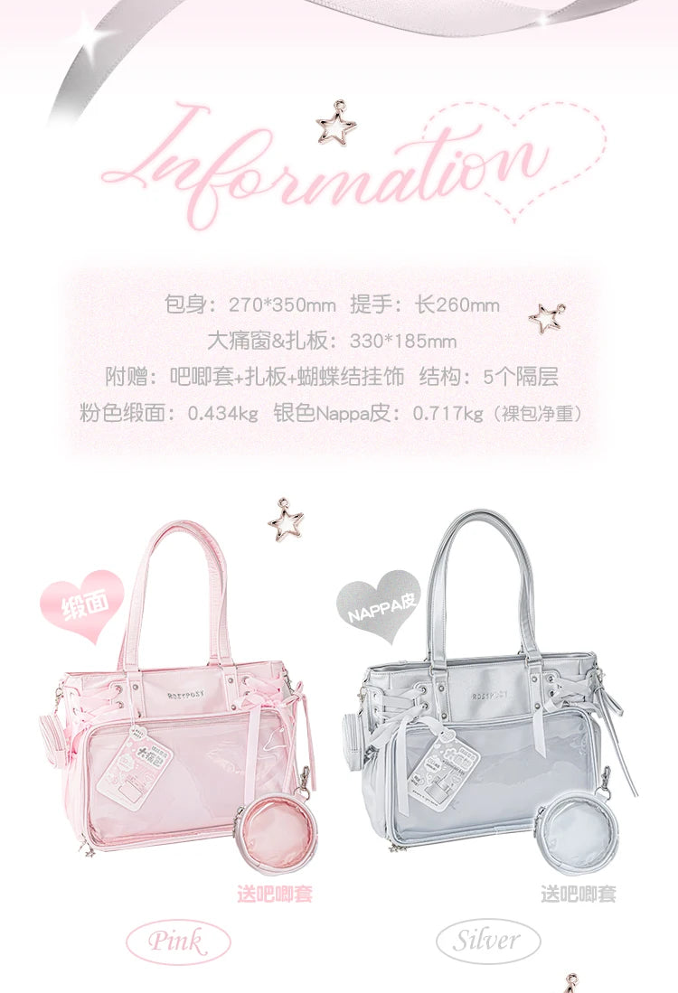 Japanese New Girls Silver Shoulder Bag Large Capacity Ribbon Itabag Student Women's Satin Messenger Bag Leather Backpacks