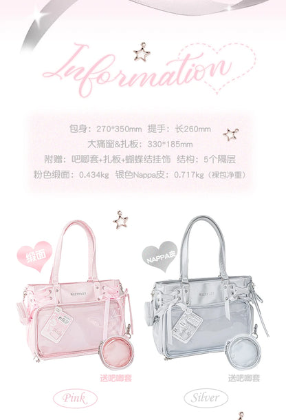 Japanese New Girls Silver Shoulder Bag Large Capacity Ribbon Itabag Student Women's Satin Messenger Bag Leather Backpacks