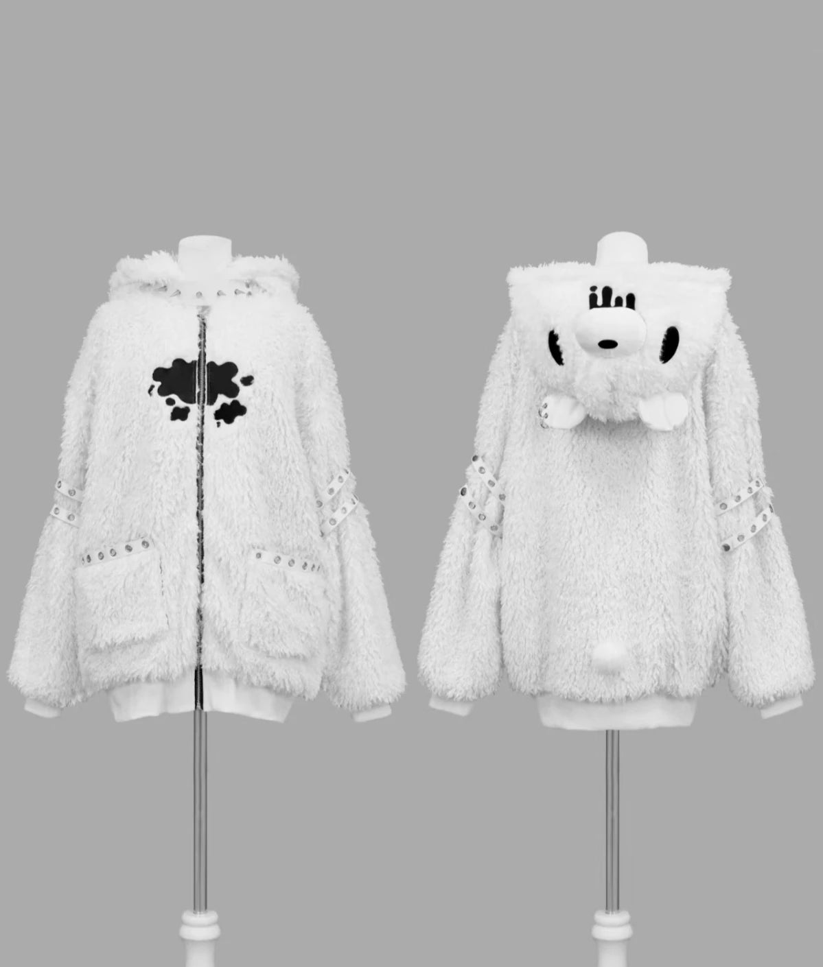Japanese Gothic Hooded Plush Coat New Autumn Winter Subculture Cool Girl Women's Punk Rivet Lamb Wool Hoodie Jacket Zipper Coat
