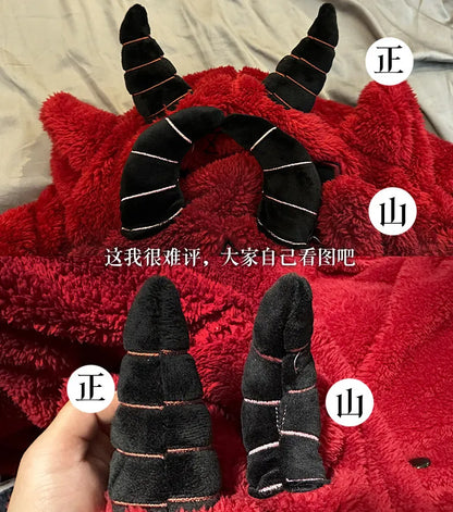 Virtual Alice Dark Gothic Demon Death Skull Horned Hooded Robe Thickened Coral Fleece Winter Warm Long Sleepwear Loungewear