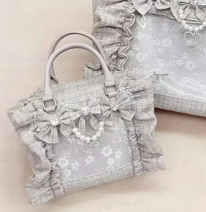 Japanese Style Mine Bags Women Ruffled Lace Lolita Girls Rhienstone Pearl Bowknot Square Tote Shoulder Portable Bolso Handbags
