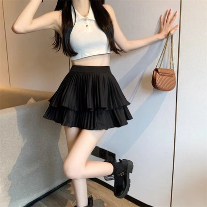 Women Ruffled Pleated A-Line Mini Skirt Summer Tulle Cake High Waist Slim Skirt Shorts Female Sexy Korean Kawaii White