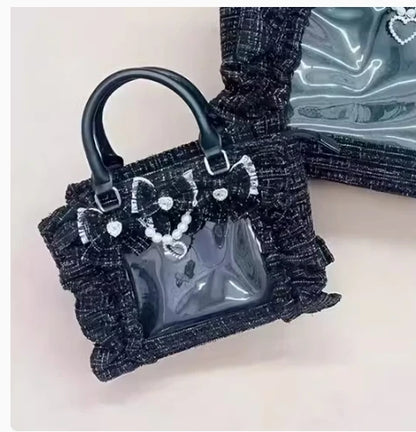 Japanese Style Mine Bags Women Ruffled Lace Lolita Girls Rhienstone Pearl Bowknot Square Tote Shoulder Portable Bolso Handbags