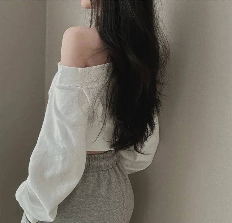 Slim Fit Long Sleeve Hoodie Women's Style Irregular Collar Show Shoulder Waist Cinching Short Length Commute Fashion  Color